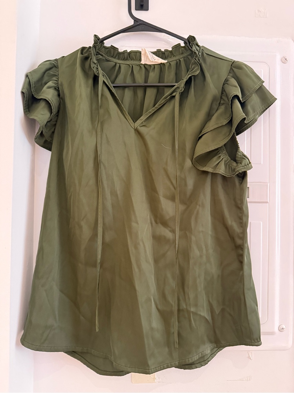 Women's Olive Green Ruffle Sleeve V-Neck Blouse